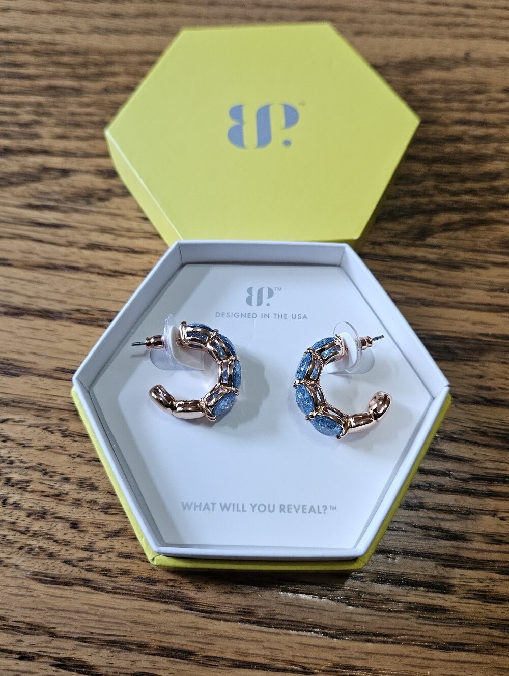 Bomb Party Rose Gold Hoop Earrings with Light Blue Stones